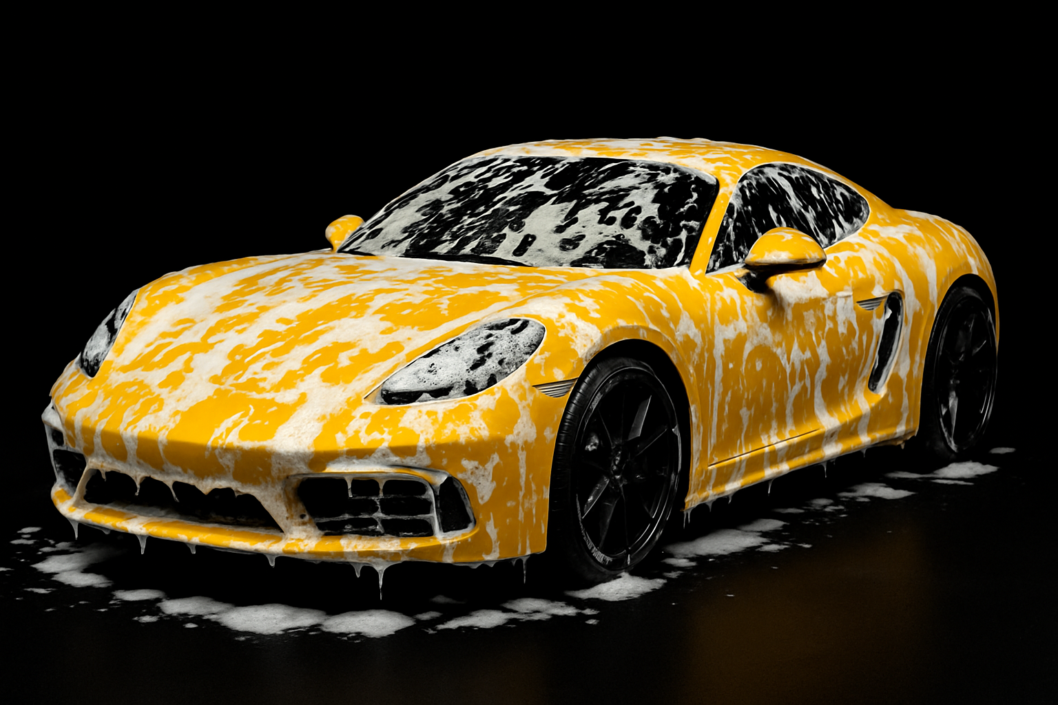 YELLOW SPORTS CAR IN BLACK BACKGROUND WITH WHITE SOAP ON IT
